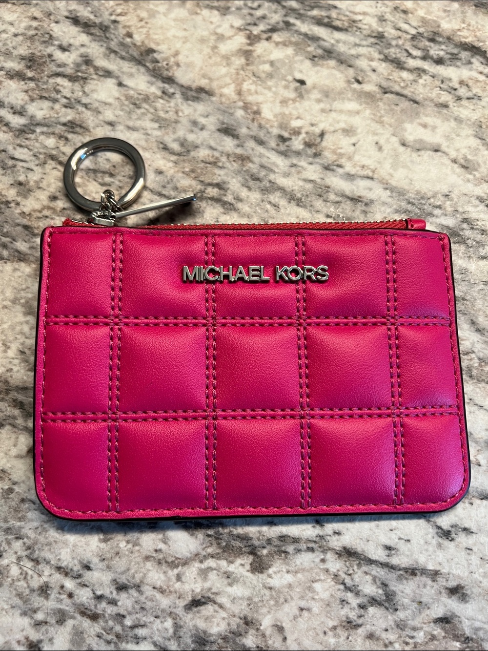 Michael Kors Pink Dragonfruit Quilted Card Case Wallet with Silver Keyring NWOT